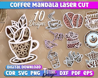 May include: Ten digital designs for laser cutting coffee-themed mandalas. The designs include a coffee cup with beans, a coffee pot, a coffee cup with a swirl design, and a bag of coffee beans. The designs are in black and white and are ready to be cut on a laser cutter.