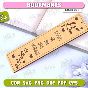 May include: Laser cut wooden bookmark with the text "Books are my love language" and a decorative branch with hearts.