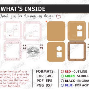 K&ouml;nnte beinhalten: Digitale Download-Datei mit verschiedenen schnittfertigen Designs. Enth&auml;lt quadratische und rechteckige Formen sowie den Text "What's Inside" und "Into the forest I go". Formate: CDR, SVG, PDF, EPS, PNG und DXF.