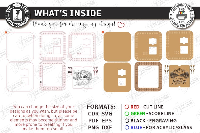 K&ouml;nnte beinhalten: Digitale Download-Datei mit verschiedenen schnittfertigen Designs. Enth&auml;lt quadratische und rechteckige Formen sowie den Text "What's Inside" und "Into the forest I go". Formate: CDR, SVG, PDF, EPS, PNG und DXF.