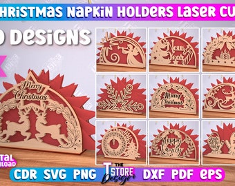 Puede incluir: Diez diseños digitales para porta servilletas de Navidad de corte por láser. Los diseños presentan varios temas navideños, incluyendo copos de nieve, estrellas, renos y las palabras "Feliz Navidad".