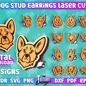 Dog Earrings SVG | Dog Stud Earrings Lasercut | Paw Print Earring Bundle SVG File | Dog Laser Cut Files | Dog Face Stud Earring | CNC