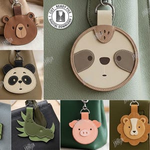 Peut inclure: Une collection de dix breloques de sac sur le thème des animaux, incluant des motifs de chat, ours, panda, mouton, paresseux, dinosaure, cochon et lion. Chaque breloque possède un anneau métallique et est fournie en fichier numérique.