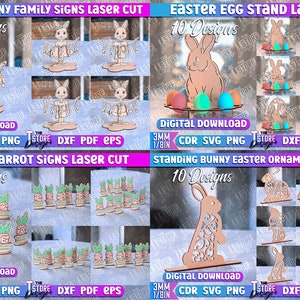 May include: Digital download of 5 laser cut Easter bunny family signs, 5 laser cut Easter carrot signs, 10 laser cut Easter egg stands, and 10 laser cut standing bunny Easter ornaments. The designs are in SVG, PNG, DXF, PDF, and EPS formats. The files are for 3mm thick material.
