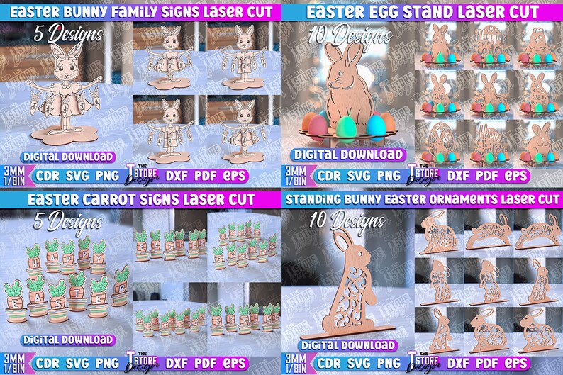 May include: Digital download of 5 laser cut Easter bunny family signs, 5 laser cut Easter carrot signs, 10 laser cut Easter egg stands, and 10 laser cut standing bunny Easter ornaments. The designs are in SVG, PNG, DXF, PDF, and EPS formats. The files are for 3mm thick material.
