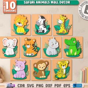 Könnte beinhalten: Zehn lasergeschnittene Wanddekorationen mit Safari-Tieren. Jedes Quadrat zeigt ein anderes Tier: Löwe, Zebra, Giraffe, Elefant, Tiger, Nashorn, Alligator, Nilpferd, Affe und Leopard. Der Text "Safari Animals Wall Decor" steht oben.