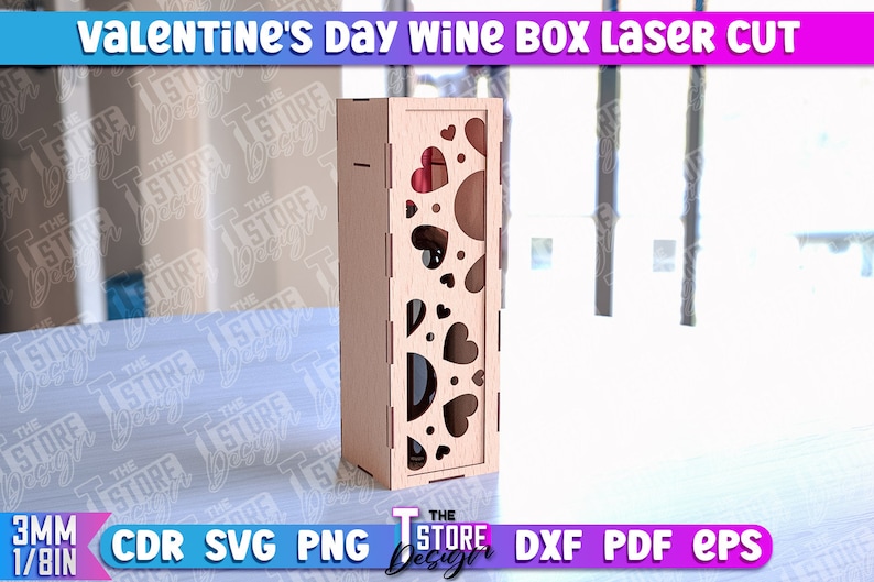 May include: A laser cut wooden wine box with a heart design. The box is made of 3mm thick wood and is designed to hold a standard size wine bottle. The box is perfect for Valentine's Day or any other special occasion.