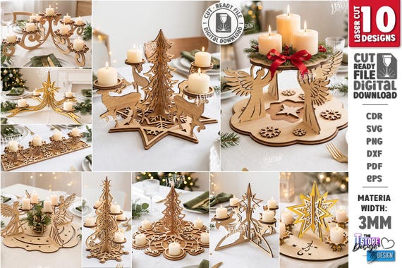 Christmas Candle Centerpiece SVG - Laser Cut Wooden Candle Holder - Christmas Table Decor - Angel Tree Holiday Centerpiece svg