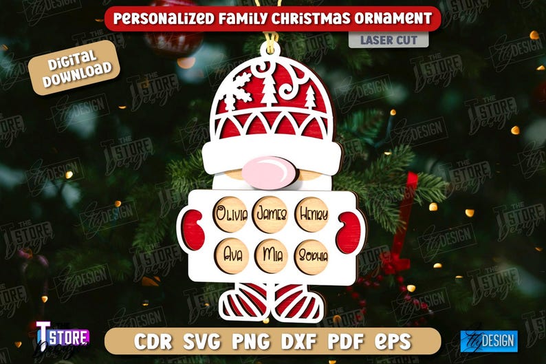 May include: A personalized family Christmas ornament in the shape of a gnome. The ornament is white with red accents and features a hat with a snowflake design. It has wooden circles with names: Olivia, James, Henry, Ava, Mia, and Sophia. The text "Personalized Family Christmas Ornament" is at the top.