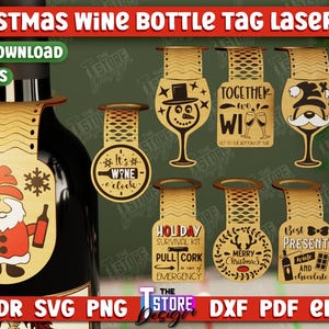 Puede incluir: Diez diseños digitales para etiquetas de botella de vino de Navidad para cortar con láser. Los diseños presentan una variedad de temas festivos, que incluyen un muñeco de nieve, un reno, un Papá Noel y una copa de vino. El texto en las etiquetas incluye frases como "It's Wine O'Clock", "Together We Wine", "Holiday Survival Kit", "Merry Christmas", "Best Present" y "Eat Drink and Be Merry".