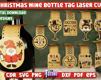 Christmas Wine Bottle Tag Laser Design, Wine Bottle Decoration, Laser Gift Design SVG, Christmas Laser File, Christmas wine svg, Glowforge