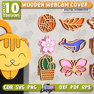 Könnte beinhalten: Zehn digitale Download-Designs für lasergeschnittene Webcam-Abdeckungen aus Holz. Die Designs umfassen eine Katze, eine Blume, einen Kaktus, einen Schmetterling, einen Baum, einen Wal, eine Eule und ein geometrisches Muster.