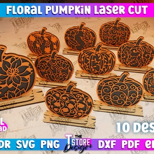 Può includere: Dieci progetti digitali di file di taglio laser per zucche floreali. I progetti presentano intricati motivi floreali in nero e arancione su una forma di zucca. Il testo "FLORAL PUMPKIN LASER CUT" è nella parte superiore dell'immagine. Il testo "10 DESIGNS" è nella parte inferiore dell'immagine. Il testo "CDR SVG PNG STORE DXF PDF EPS" è nella parte inferiore dell'immagine.
