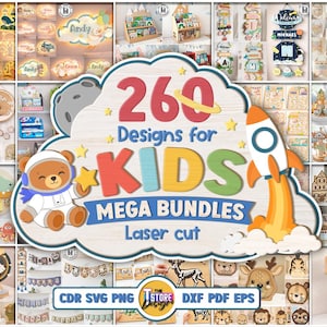 Puede incluir: Imagen promocional de diseños cortados con láser para niños. El texto central dice "260 Designs for KIDS MEGA BUNDLES". La imagen presenta varias manualidades de madera, incluyendo letreros con nombres, figuras de animales y elementos decorativos, en varios colores.