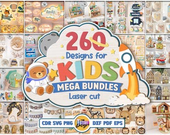 260 kids laser cut mega bundle, Montessori laser cut, kids puzzle laser cut, baby photo frame svg, baby milestone cards svg, nursery decor