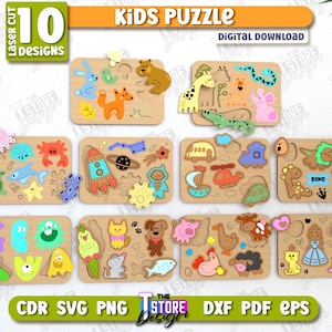 May include: A collection of ten wooden kids puzzles with colorful animal and object designs. Each puzzle has a different theme, including animals, space, and vehicles. The puzzles are laser cut and available as a digital download.