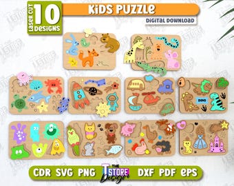 Houten kinderpuzzels lasergesneden bundel, 3D dierenpuzzelset, kinderpuzzels, montessori-puzzel, babypuzzel, kinderspel svg, educatief speelgoed