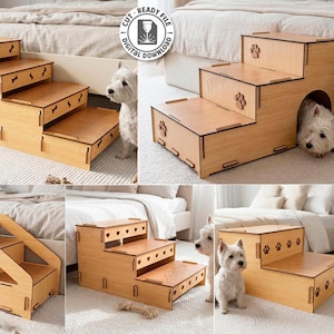 May include: A collection of five wooden pet step designs, laser cut and ready to assemble. The steps are light brown and feature various cut-out designs, including paw prints and hearts. The material width is 6mm.