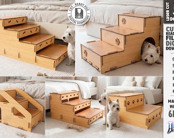 Escalier pour chien SVG découpé au laser - escabeau en bois - petit chien rampe d'escalier marches de lit - meubles pour animaux de compagnie DIY - fichiers Glowforge svg