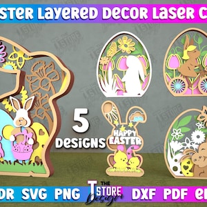 May include: Five layered laser cut Easter designs. The designs include a bunny holding eggs, a bunny with a basket of eggs, a bunny with a flower, a bunny with a flower and a butterfly, and a bunny with a flower and a butterfly. The designs are all in a light brown colour.