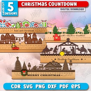 May include: Wooden Christmas countdown calendars with various designs, including festive ornaments, reindeer, and a nativity scene. Each calendar has a numbered base for counting down the days. The text "CHRISTMAS COUNTDOWN" is visible.