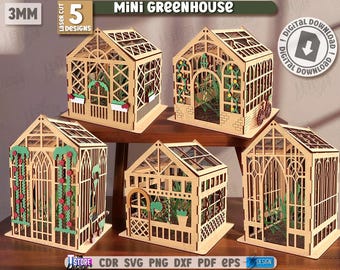 3d mini greenhouse laser cut bundle, miniature wooden house, lantern and plant display svg, greenhouse box svg, plant decor laser cut