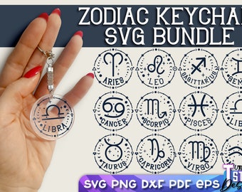 Paquete de llaveros SVG con signos del zodiaco / Signos astrológicos SVG / Diseño SVG del zodiaco / Diseño de llavero redondo con horóscopo