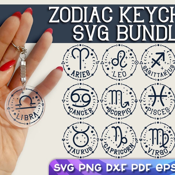 Zodiac Sign Keychain SVG Bundle | Astrology Signs SVG | Zodiac SVG Design | Round Horoscopes Keychain Design