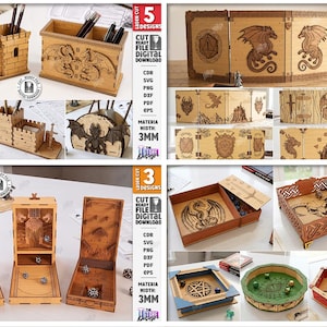 K&ouml;nnte beinhalten: Eine Sammlung lasergeschnittener Holz-Organizer und Gaming-Zubeh&ouml;r. Die Artikel umfassen Stifthalter, W&uuml;rfelt&uuml;rme und W&uuml;rfelablagen, alle mit aufwendigen Drachen- und Fantasy-Designs. Die Produkte bestehen aus 3 mm starkem Material und sind als digitale Downloads erh&auml;ltlich.