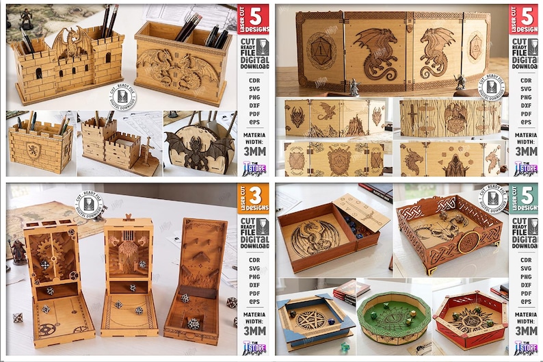 K&ouml;nnte beinhalten: Eine Sammlung lasergeschnittener Holz-Organizer und Gaming-Zubeh&ouml;r. Die Artikel umfassen Stifthalter, W&uuml;rfelt&uuml;rme und W&uuml;rfelablagen, alle mit aufwendigen Drachen- und Fantasy-Designs. Die Produkte bestehen aus 3 mm starkem Material und sind als digitale Downloads erh&auml;ltlich.