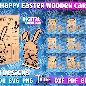 Pacote SVG de cartão de madeira de feliz Páscoa cortado a laser | Cartão de Páscoa 3D | Ovo da páscoa estala acima o cartão | Cartão de madeira de feliz Páscoa cortado a laser