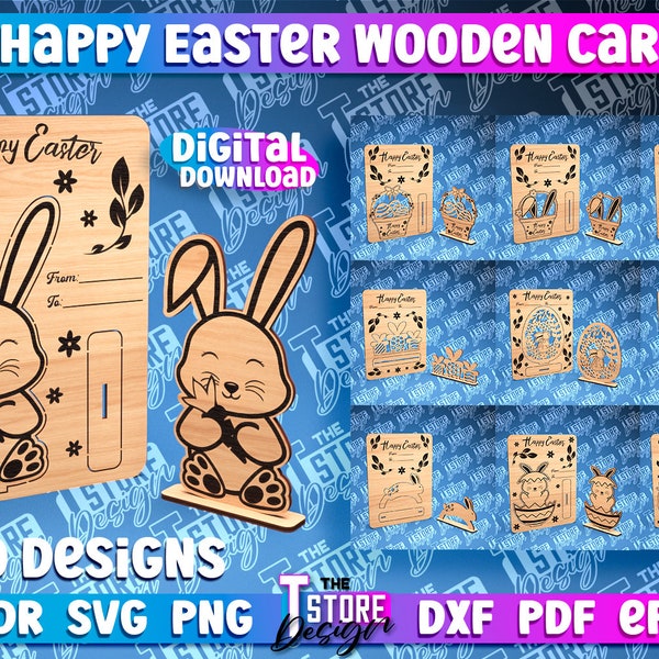 Joyeuses Pâques carte en bois découpé au laser SVG Bundle | Carte de Pâques 3D | Carte pop-up oeuf de Pâques | Carte en bois Joyeuses Pâques découpée au laser