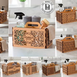 Op de afbeelding: Een verzameling lasergesneden houten schoonmaakmanden met diverse decoratieve patronen. Elke mand heeft een handvat en is ontworpen om schoonmaakartikelen in op te bergen. De afbeelding bevat de tekst "SPARKLE MODE" en "CLEAN".