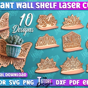May include: Ten digital designs for laser cut plant wall shelves. The designs include a butterfly, a mandala, a geometric pattern, and a cactus. The designs are available in CDR, SVG, PNG, DXF, PDF, and EPS formats. 3mm 1/8in