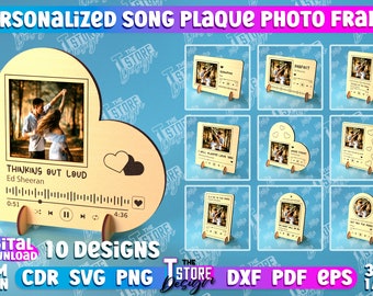May include: Ten digital designs for a personalized song plaque photo frame. The designs feature a heart shape with a photo frame and a music player bar. The text "Thinking Out Loud" and "Ed Sheeran" are visible on the frame. The designs are available in CDR, SVG, PNG, DXF, PDF, and EPS formats.