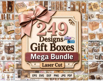 Pacote gigante com 249 designs cortados a laser, incluindo caixas de anel 3D, caixas de presente para chá de panela, porta-flores, caixas de presente de Natal e caixas de presente para garrafas de vinho em formato SVG.
