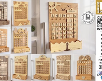 Arquivo para corte a laser de calendário perpétuo - Calendário de parede magnético - Calendário de madeira reutilizável - Organizador para casa estilo fazenda - Calendário de mesa em SVG