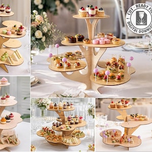Peut inclure: Présentoir à desserts en bois à plusieurs niveaux, rempli de diverses pâtisseries et amuse-gueules miniatures. Le présentoir a un design en forme d'arbre et contient des cupcakes, des macarons et des bouchées. Le texte "CUT READY FILE DIGITAL DOWNLOAD" est visible.