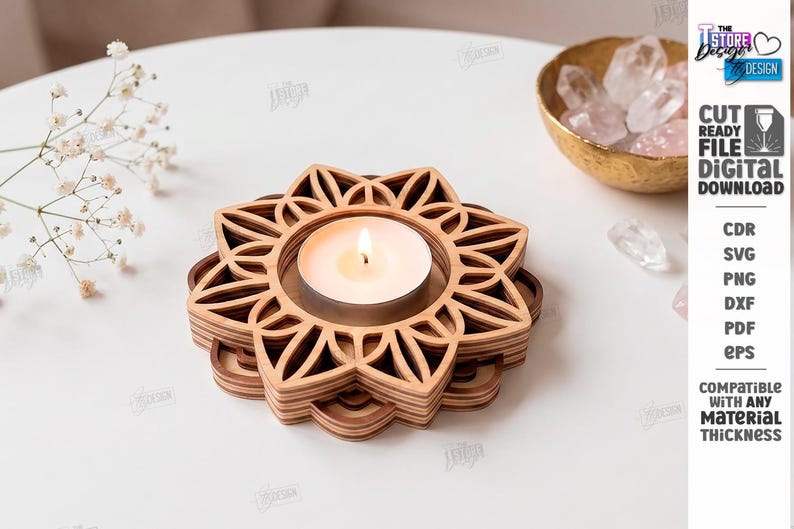 May include: A layered wooden tea light candle holder with a geometric flower-shaped cutout design. The light-colored wood features a stacked construction holding a single white tea light candle with a lit flame in the center of the structure.