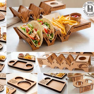 Op de afbeelding: Een verzameling lasergesneden houten serveerplanken en houders. De ontwerpen omvatten tacohouders, trays met compartimenten voor snacks en dips, en donutstandaards. De afbeelding toont ook tekst die zegt "CUT READY FILE DIGITAL DOWNLOAD".