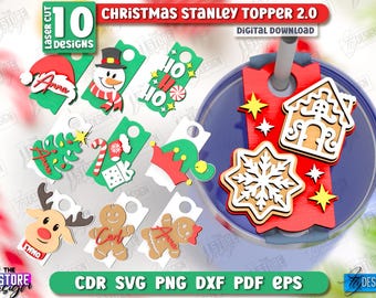 3D-jultopp med Stanley-motiv laserskuret paket, laserskuret julglaslockstoppare, Stanley-muggetikett, lager på lager-glasetikett svg, ren-svg v.2