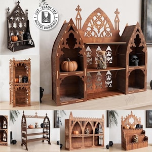 Puede incluir: Una colección de diez diseños de estantes de madera cortados con láser que presentan intrincados patrones arquitectónicos góticos. Los archivos de descarga digital incluyen formatos CDR, SVG, PNG, DXF, PDF y EPS para 3mm de grosor.