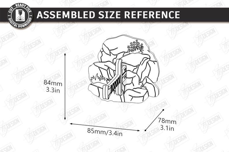 Puede incluir: Dibujo lineal en blanco y negro de una formaci&oacute;n rocosa con un puente y vegetaci&oacute;n. El tama&ntilde;o ensamblado es de 84 mm de alto, 85 mm de ancho y 78 mm de profundidad. Se incluye el texto "ASSEMBLED SIZE REFERENCE".