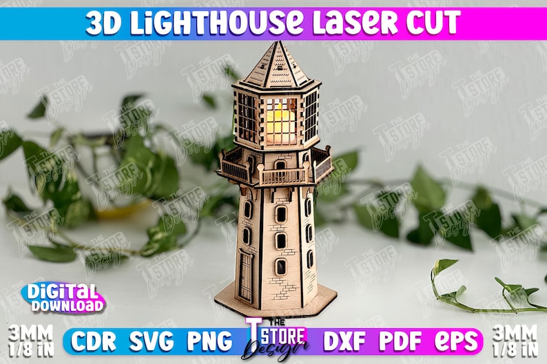 May include: A 3D laser cut model of a lighthouse with a light on top. The model is made of wood and is 3 mm thick. The model is designed to be assembled and is a great project for anyone who enjoys woodworking.