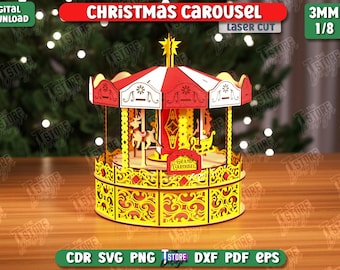 May include: A laser-cut Christmas carousel with red and white striped roof, yellow accents, and reindeer figures. The carousel is made of 3mm thick material and is a digital download.