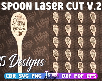 Löffel Laser Cut SVG Bundle | Löffel Gravur Zitate SVG Design | Küche Zitate Cut File