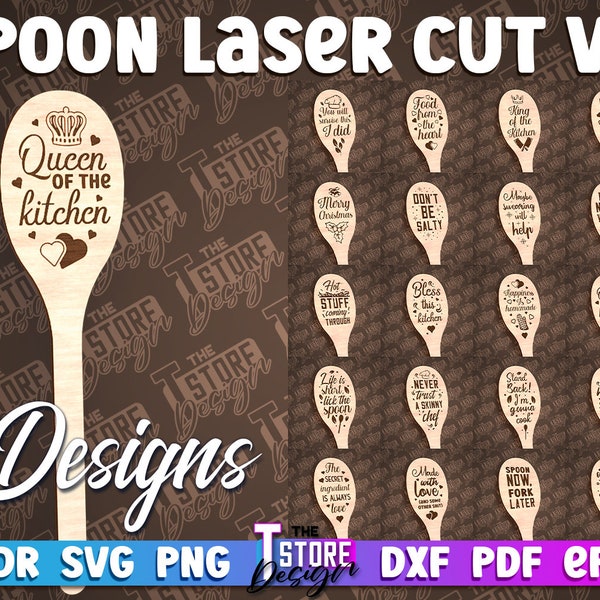 Cuillère Laser Cut SVG Bundle | Cuillère gravure citations SVG Design | Fichier de coupe de citations de cuisine