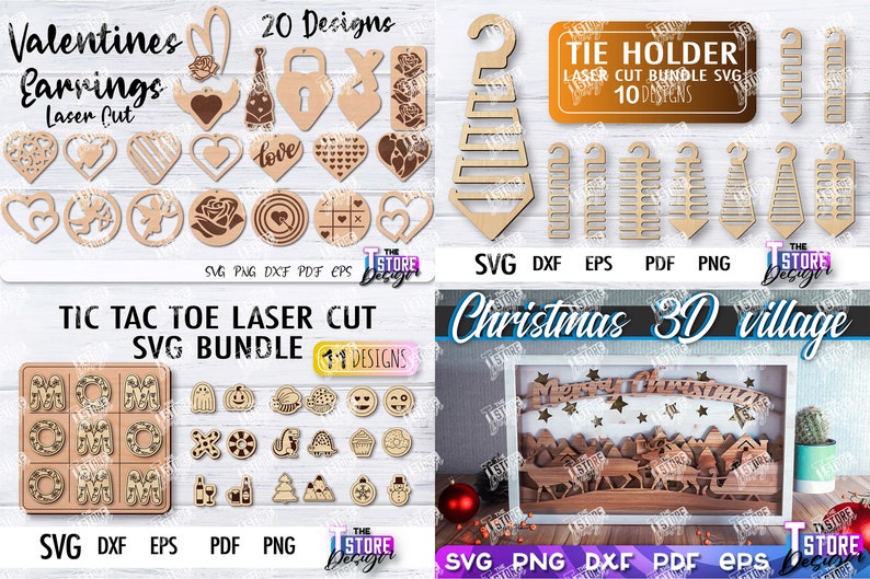 May include: A digital download of 20 laser cut SVG designs for Valentine's Day earrings, 11 designs for a tic-tac-toe game, 10 designs for a tie holder, and 30 designs for a 3D Christmas village.
