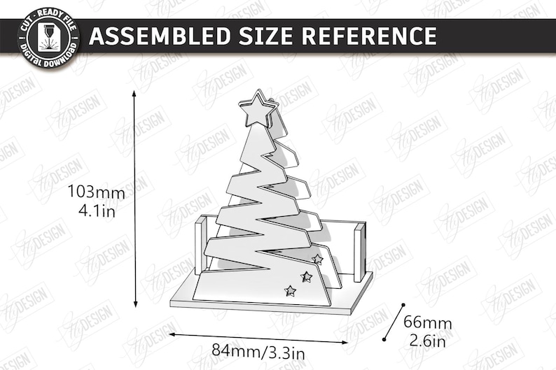 May include: A line drawing of an assembled Christmas tree ornament with a star topper and two small stars at the base. The diagram includes dimensions of 4.1 inches in height, 3.3 inches in width, and 2.6 inches in depth, labeled ASSEMBLED SIZE REFERENCE.