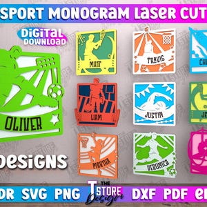 Personalized Sport Monogram Laser Cut SVG Bundle, Sports Themed Door or Wall Hanger, Custom sports name signs laser cut, american football